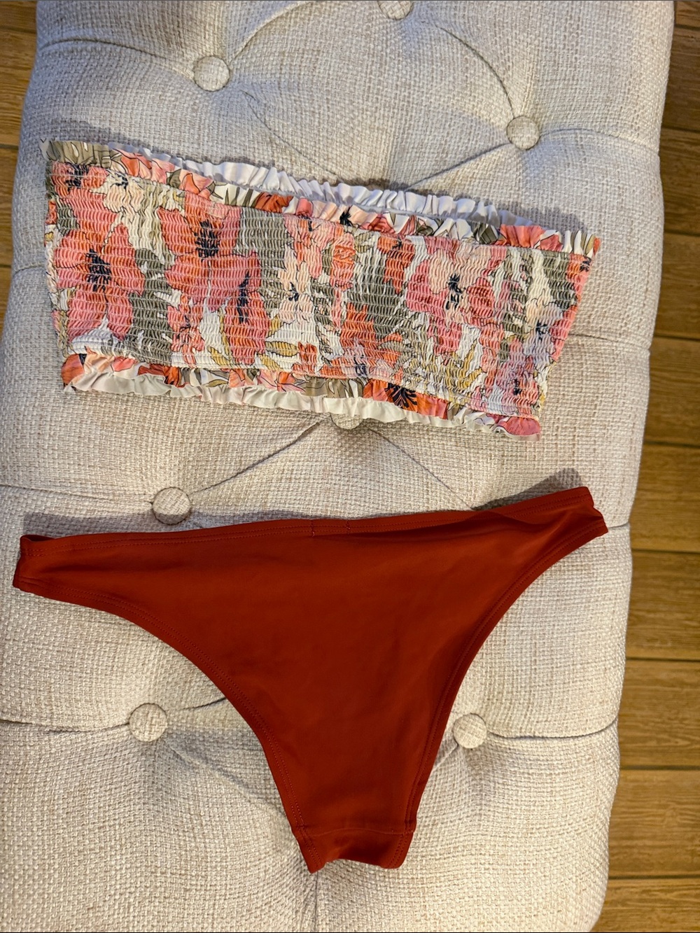 aerie Rust Red Bikini Bottom with Billabong Pink Floral Smocked Bandeau Top - Picture 5 of 7